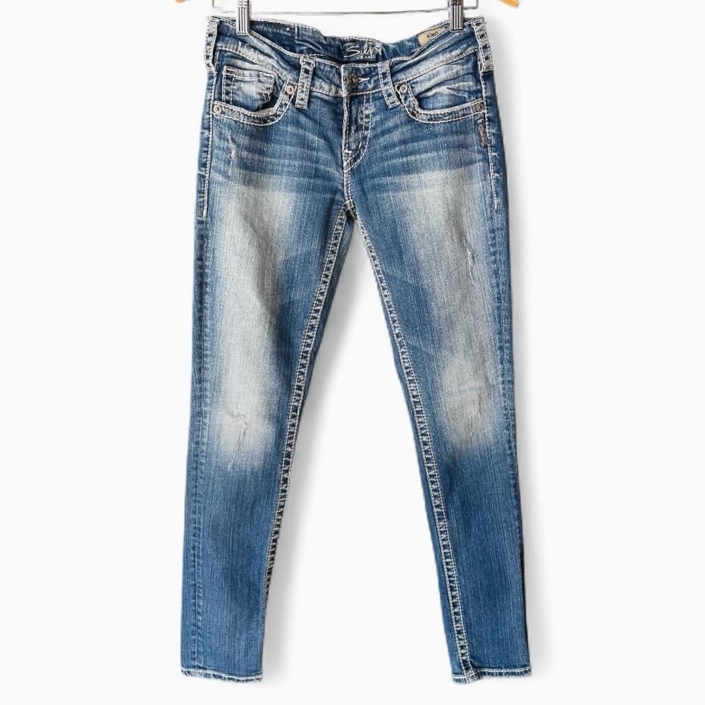 Silver Aiko Skinny Distressed Low Rise Mid Wash Jeans - 27/31